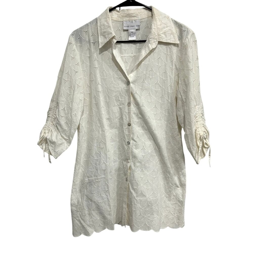 Susan Graver White Eyelet Button Down Shirt Ruched Sleeves Scalloped Hem Sz M